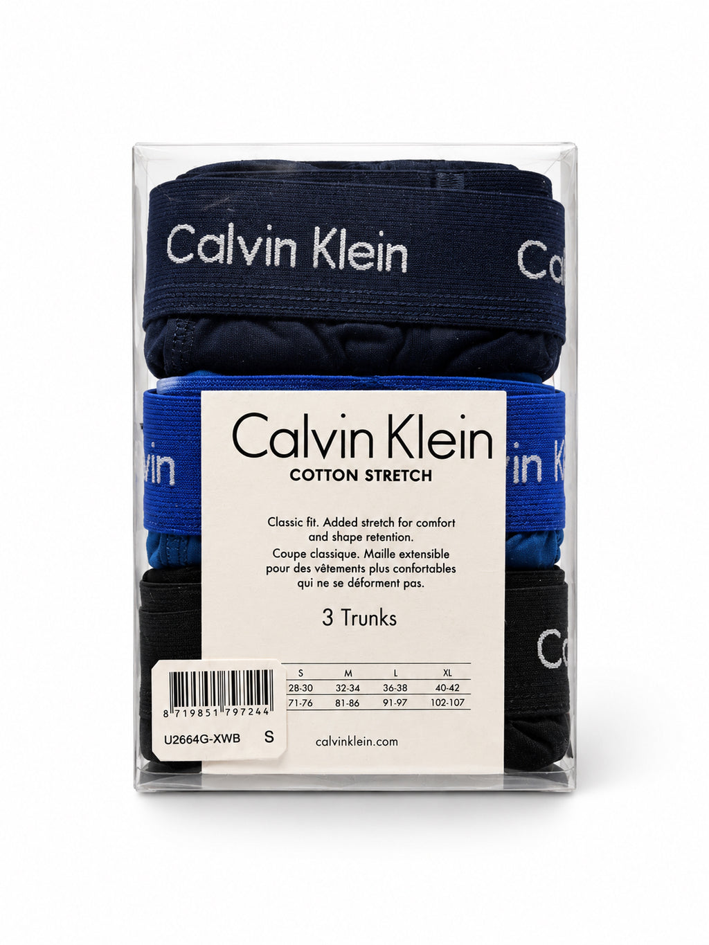 Calvin Klein CK Men’s Cotton Stretch Trunks 3 Pack Black Blue & Navy Boxers