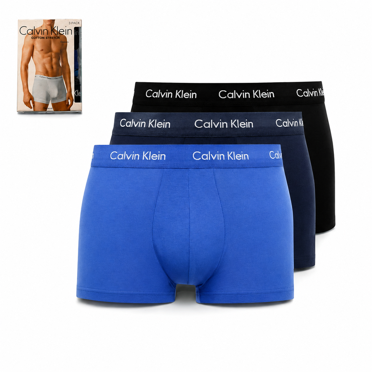 Calvin Klein CK Men’s Cotton Stretch Trunks 3 Pack Black Blue & Navy Boxers