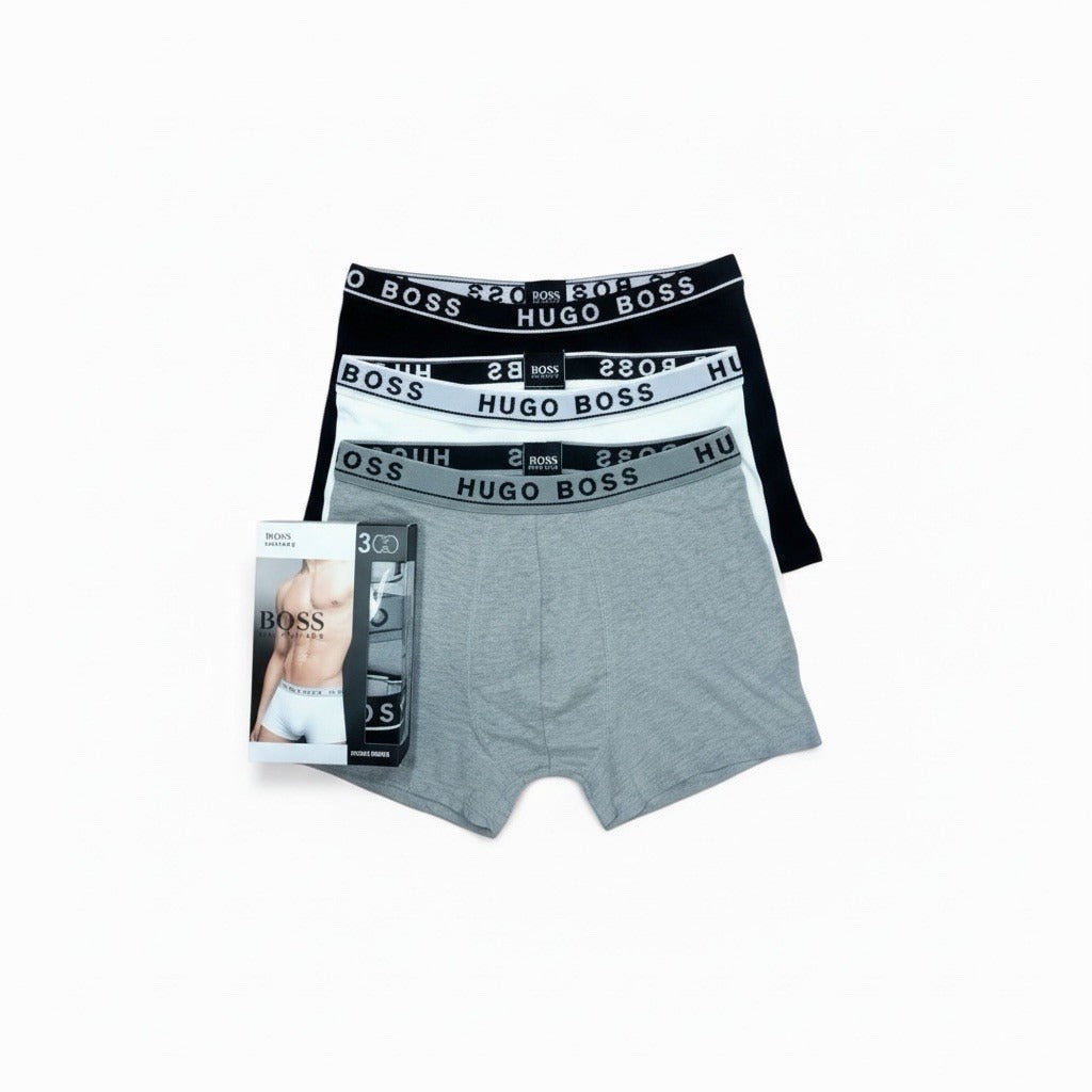 HUGO BOSS 100% Authentic Men’s Boxer Trunks 3-Pack – White Black Grey – Premium