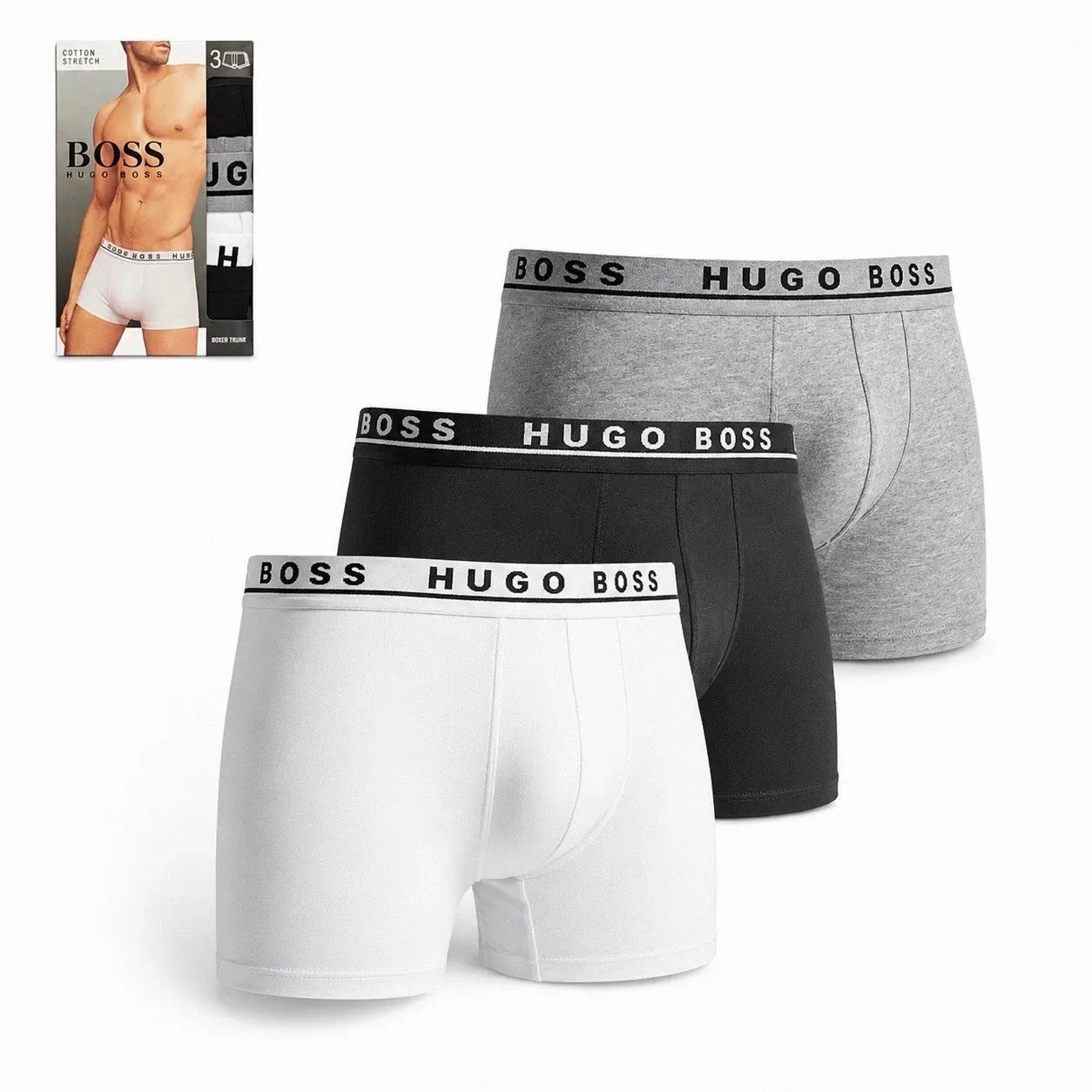 HUGO BOSS 100% Authentic Men’s Boxer Trunks 3-Pack – White Black Grey – Premium